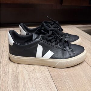 Veja Black Leather Sneakers with White V Logo